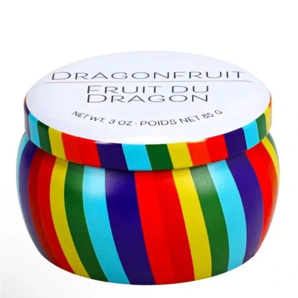 Dragon Fruit- Scented Candle in 
Rainbow Striped Tin   3 oz - Picture 2 of 3